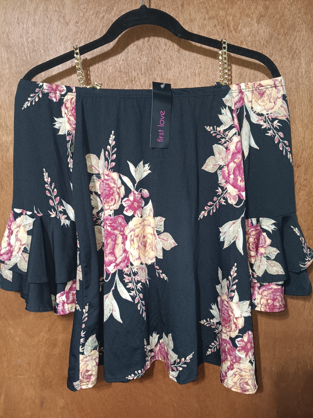 First Love Black Off-Shoulder Floral Blouse with Gold Chain Straps